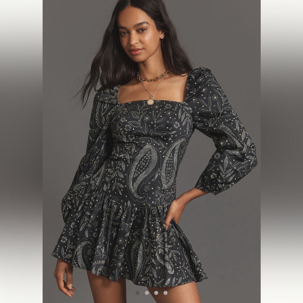 Maeve Long-Sleeve Square-Neck Drop-Waist Mini Dress Color Black Motif Size Large